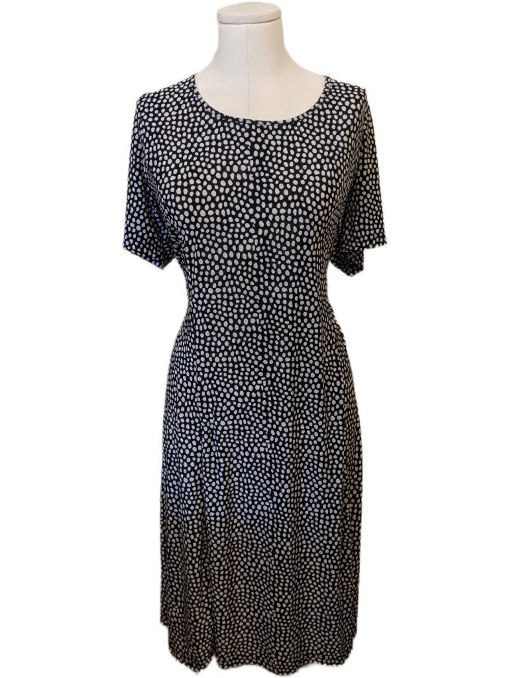 Vintage 90s Black White Polka Dot Midi Dress Short Sleeve XL Mod Office Siren